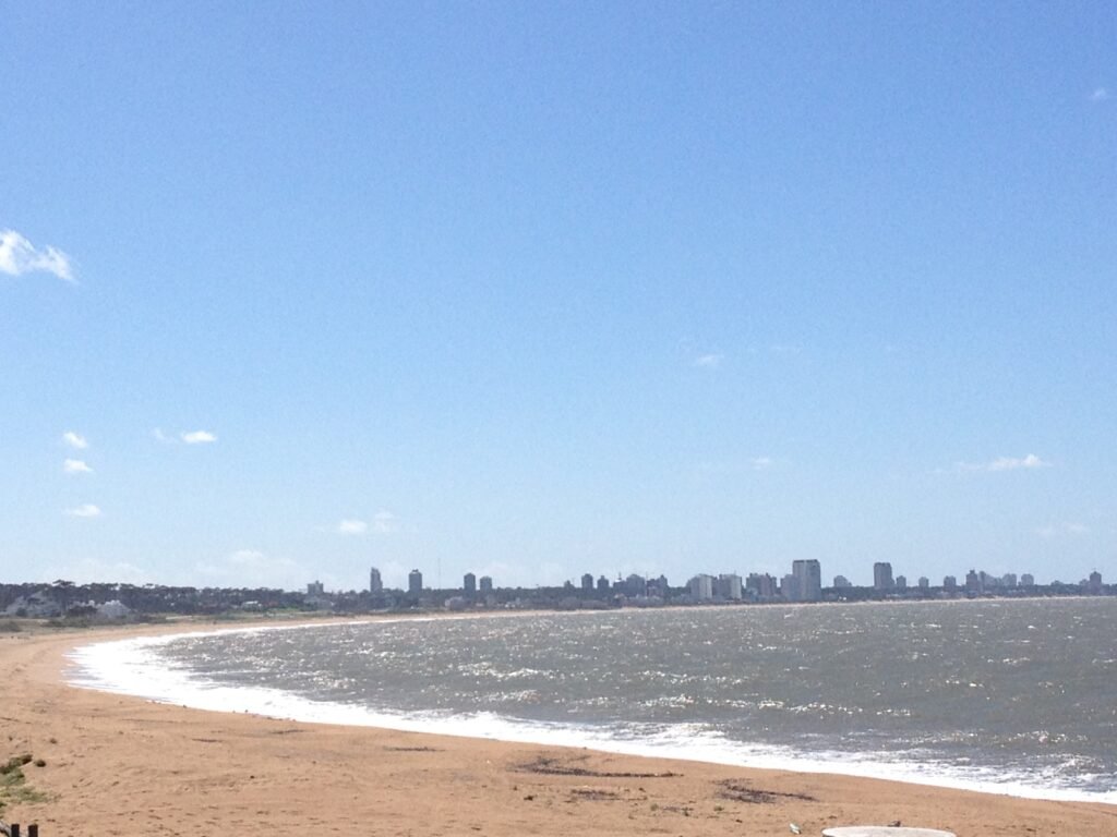 Cena de praia com faixa de areia, água calma na orla e o horizonte distante de uma cidade sob um céu azul claro.