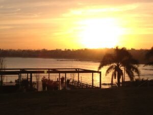 Silhueta ao pôr do sol dourado e alaranjado na Rambla de Montevidéu, Uruguai, à beira do Rio da Prata. A imagem mostra uma estrutura de pérgola moderna à esquerda, plantas em vasos e uma palmeira proeminente à direita, com o horizonte da cidade ao longe sobre a água cintilante sob a luz intensa do sol poente.