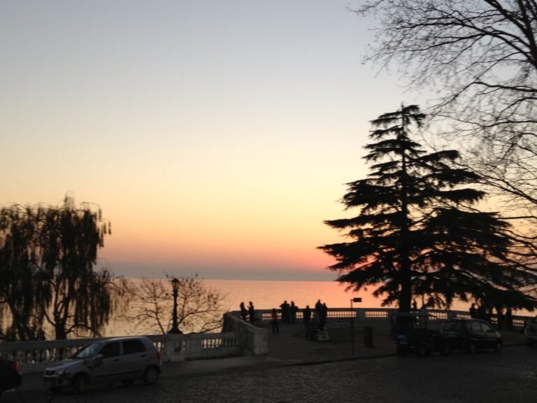 Vista panorâmica do entardecer em Colonia del Sacramento. Em primeiro plano, uma rua de paralelepípedos com carros estacionados; ao fundo, um parapeito branco onde pessoas observam o pôr do sol sobre o rio, emoldurado por uma grande árvore conífera à direita.