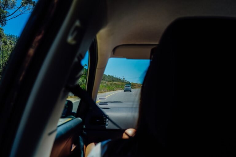 Fotografia tirada do banco traseiro de um carro, mostrando a perspectiva de um passageiro durante uma viagem. Através do para-brisa, vê-se uma estrada asfaltada que serpenteia por colinas verdes sob um céu azul limpo. Um veículo cinza está à frente na estrada. O interior do carro está em sombras, com parte da silhueta de um passageiro e o cinto de segurança visíveis em primeiro plano.