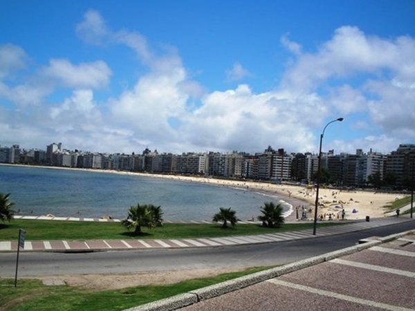 Beachfront with sandy shore, calm water, and a row of high-rise buildings along the coastline under a blue sky with scattered clouds