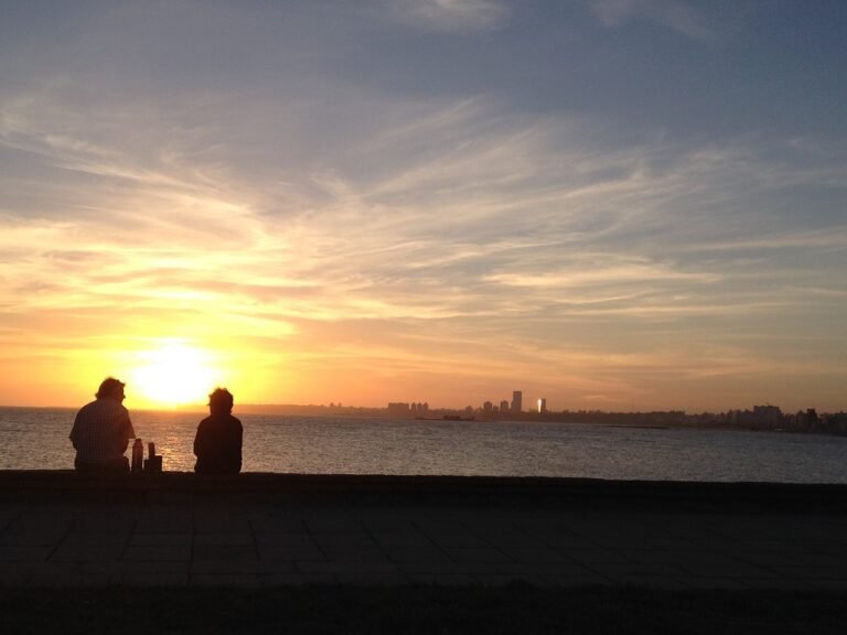 Two people sit on a seawall watching a sunset over calm water, with a city skyline in the distance.",