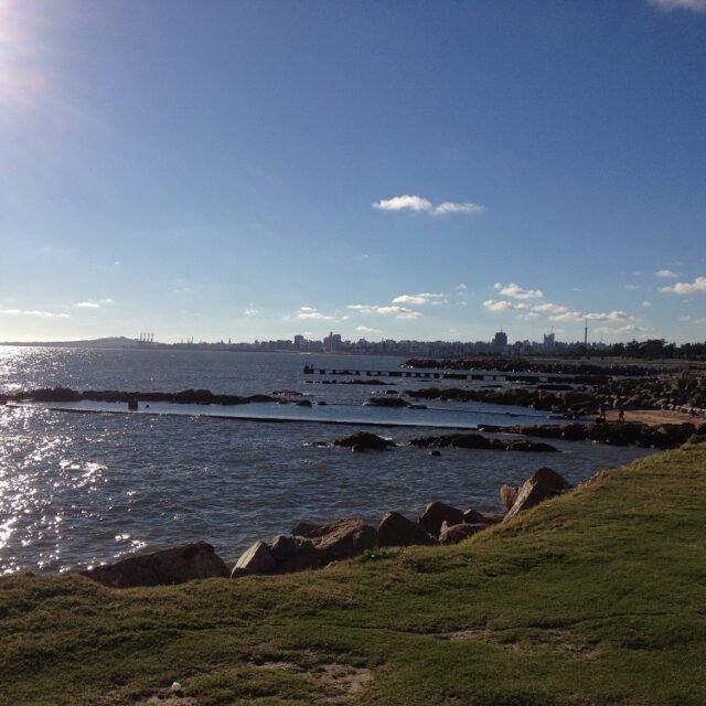 Vista panorâmica da Rambla de Montevidéu sob a luz do sol, destacando a orla banhada pelo Rio da Prata. A imagem apresenta um gramado verde em primeiro plano, rochas na costa e o horizonte urbano da capital uruguaia ao fundo, ilustrando um dos lugares imperdíveis em Montevidéu para turistas brasileiros.