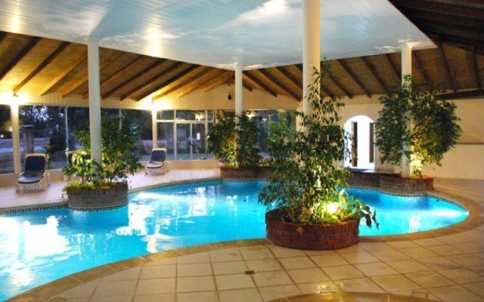 Indoor pool area with a curved blue pool, potted trees in brick planters, and lounge chairs under a wooden vaulted ceiling.