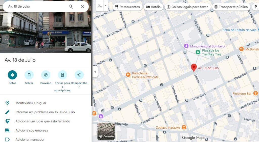 ponto marcado no google maps avenida 18 de Julio no Uruguai