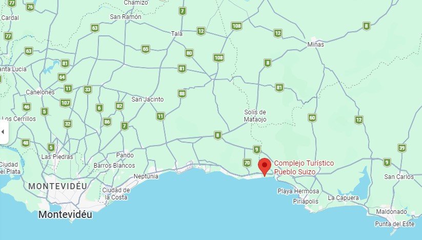 mapa de parte do Uruguai, mostrando a localização do Pueblo Suizo
