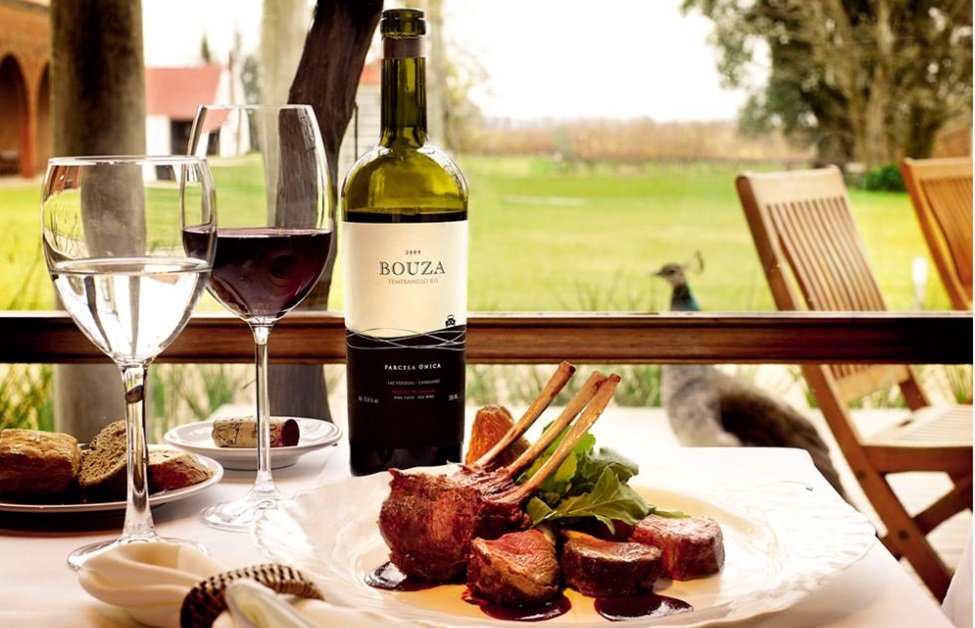 mesa de refeição com vinho, agua, carne, com paisagem natural ao fundo roteiro Uruguai de 3 a 10 dias