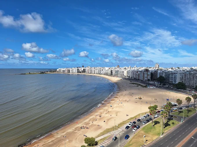 Vista aérea da Praia de Pocitos com a orla de prédios brancos de Montevideo