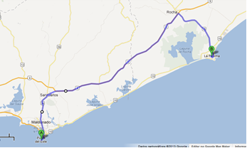 Coastline map showing a purple driving route from start point A in the southwest to end point B in the northeast, tracing along coastal highways and passing through nearby towns.