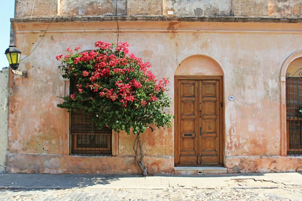 casa com portas de madeira e flores na frente