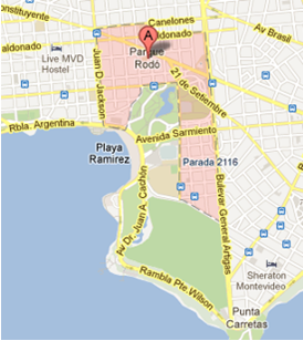 Mapa com a localização do Parque Rodó próximo à Playa Ramírez em Montevideo