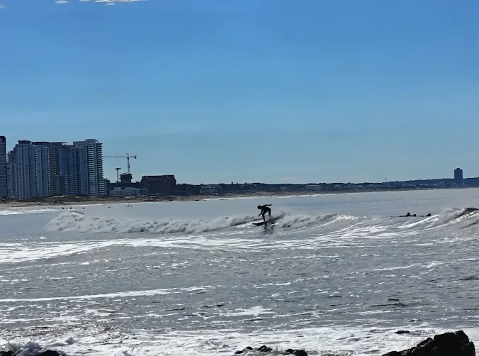 Surfista deslizando em onda na Praia El Emir com os prédios de Punta del Este ao fundo