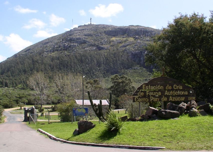 Cerro Pan de Azúcar com cruz no topo e placa da estação de fauna perto da Praia dos Ingleses