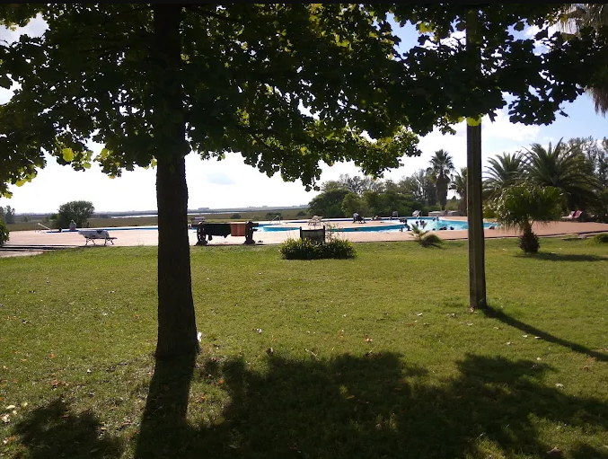Piscinas termais cercadas de gramado e árvores nas Termas de San Nicanor