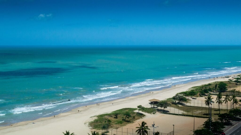 mar com areia vegetação e algumas construções