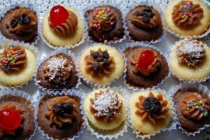 Cupcakes variados com massa de chocolate e baunilha, decorados com confeitos, cerejas e flocos de coco, dispostos em uma bandeja.