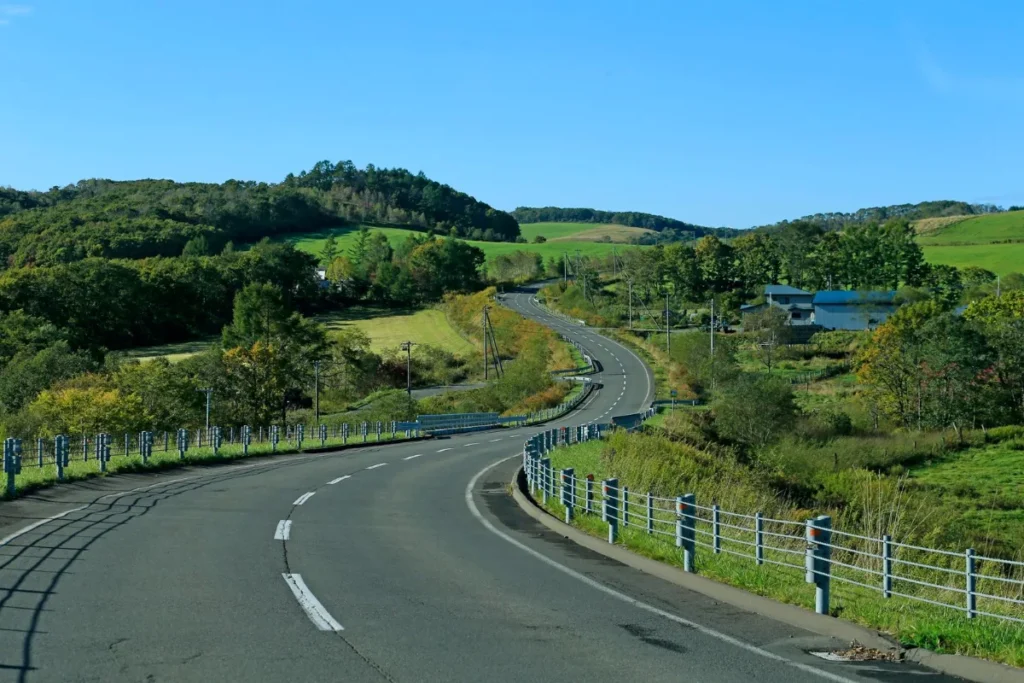 Estrada rural sinuosa entre colinas verdes