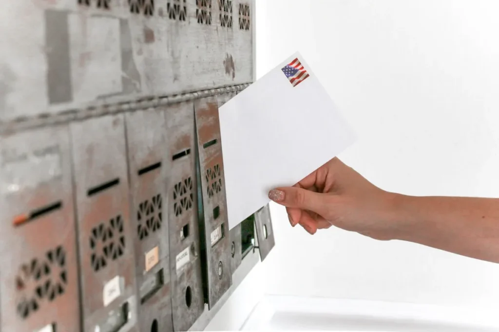 Mao colocando um envelope em uma das caixas de correspondencia