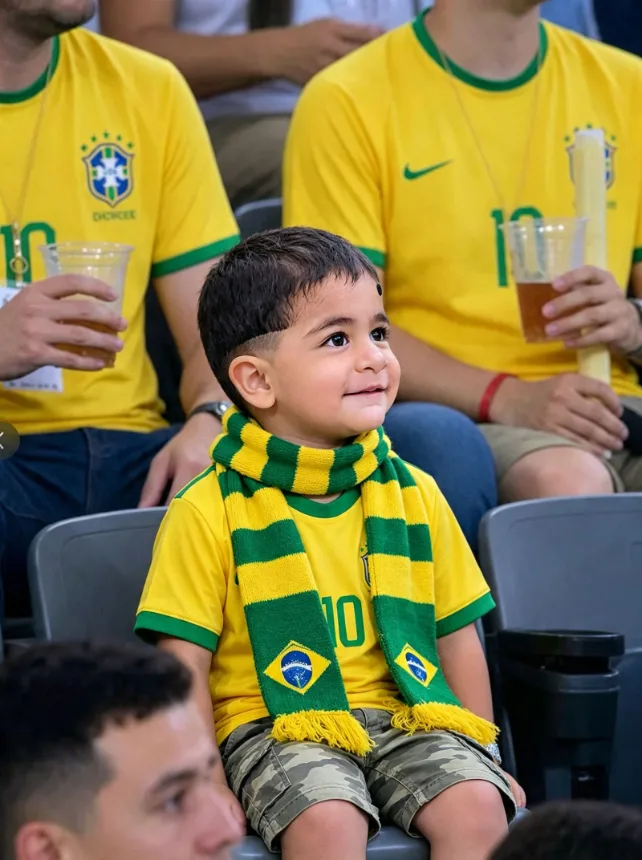 Crianca com camisa e cachecol do Brasil na arquibancada, ao lado de torcedores