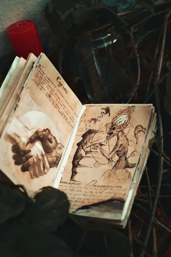 Livro antigo aberto com ilustracoes ao lado de uma vela acesa