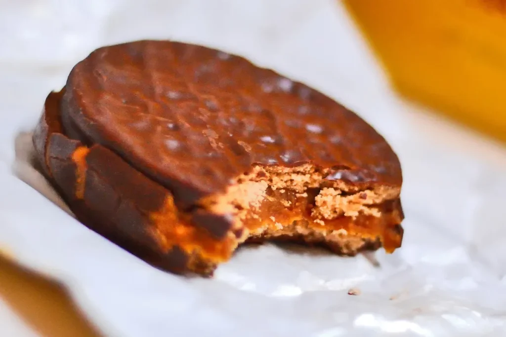 Alfajor coberto de chocolate mordido, mostrando o recheio de doce de leite