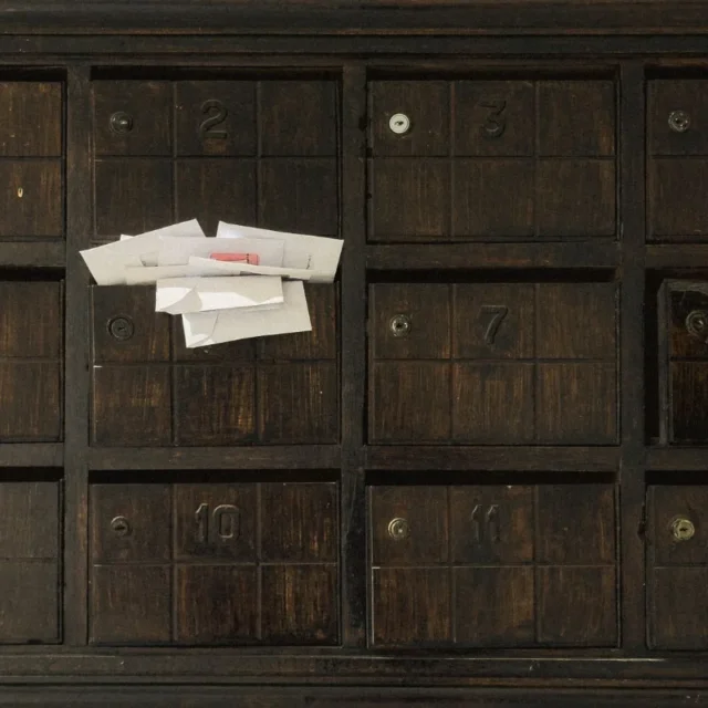 Caixa de correio antiga de madeira com escaninhos numerados e cartas