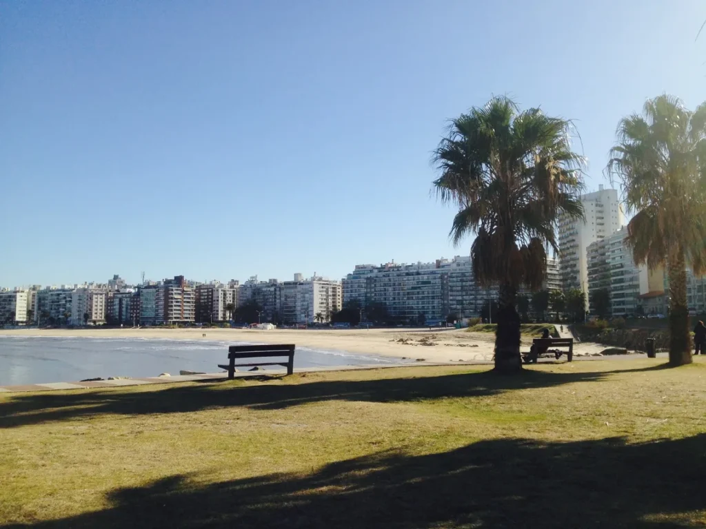 Praia de Pocitos com os predios do bairro ao fundo, em Montevideo
