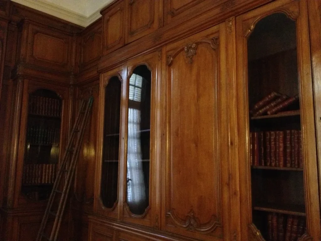 Biblioteca do Palacio Taranco com estantes de madeira entalhada e livros antigos
