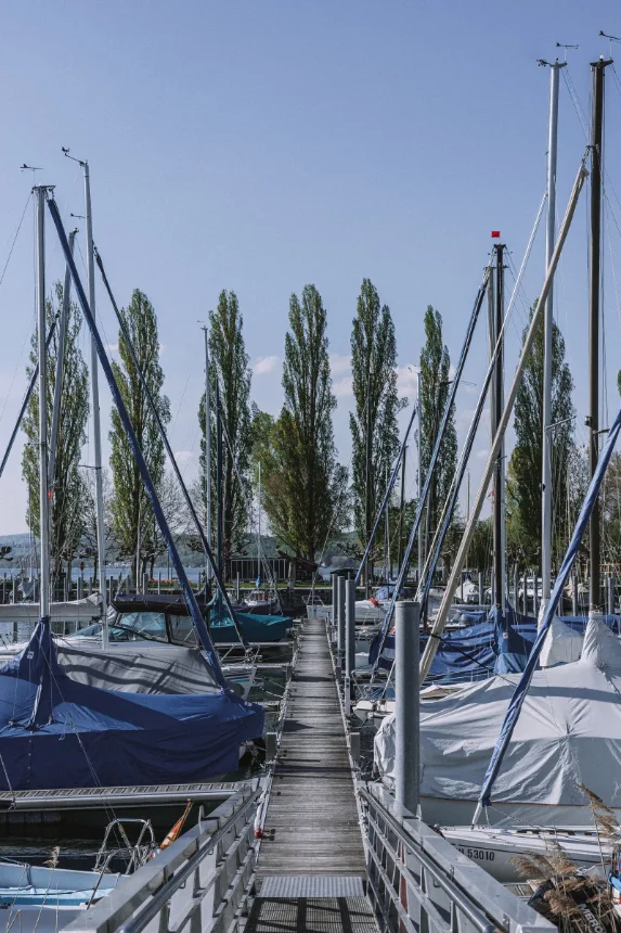 Mastros de veleiros alinhados no atracadouro da marina