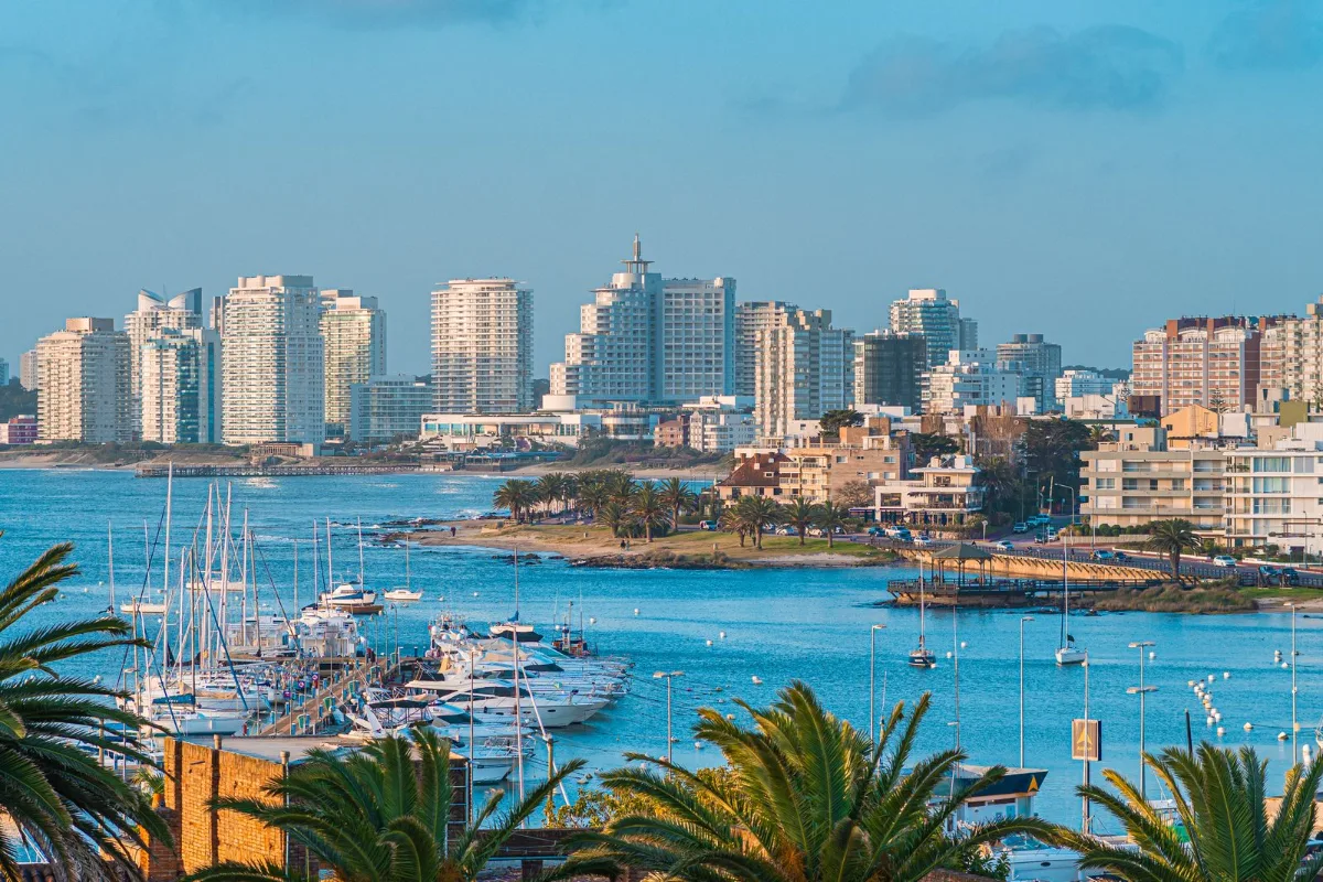 Marina com barcos e predios de Punta del Este vistos da orla
