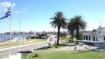 Vista da Rambla de Montevideo com palmeiras, avenida e o casario ao fundo
