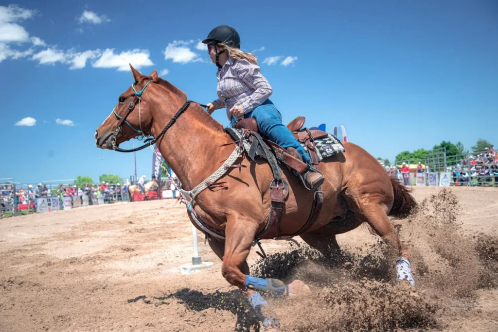 Peao montando um cavalo em prova de jineteada, tradicao da Semana Criolla