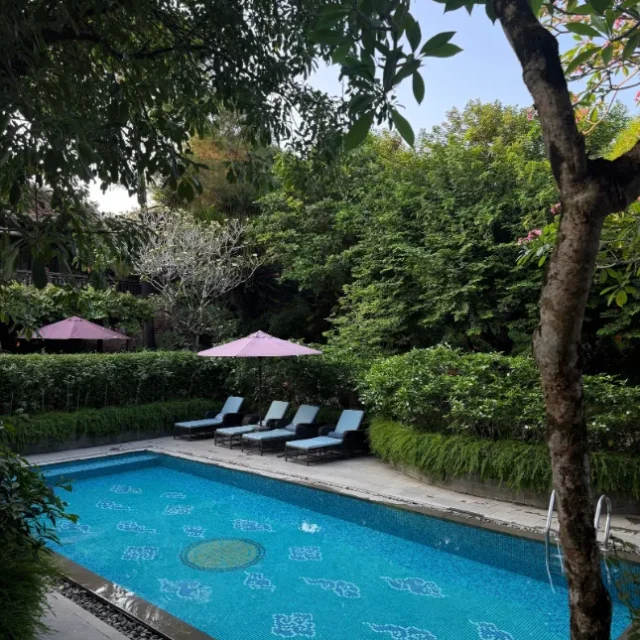 Piscina ao ar livre cercada por vegetacao, com espreguicadeiras e guarda-sois