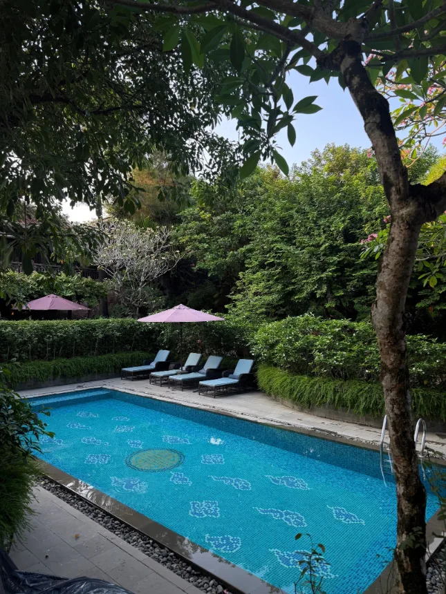 Piscina ao ar livre cercada por vegetacao, com espreguicadeiras e guarda-sois