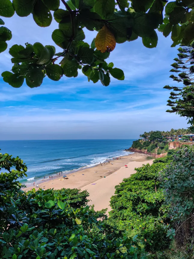 Praia ensolarada vista entre a vegetacao em dia longo de verao