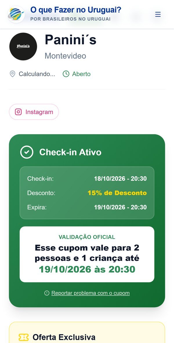 Cupom ativo no app Guia de Descontos Uruguai com o desconto, a validade e o número de pessoas